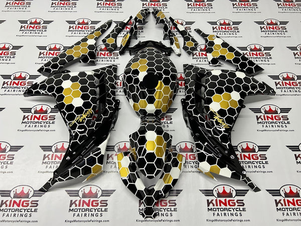 Kawasaki Ninja 300 Fairings (2013-2024) Black, White, Gold Honeycomb at KingsMotorcycleFairings.com