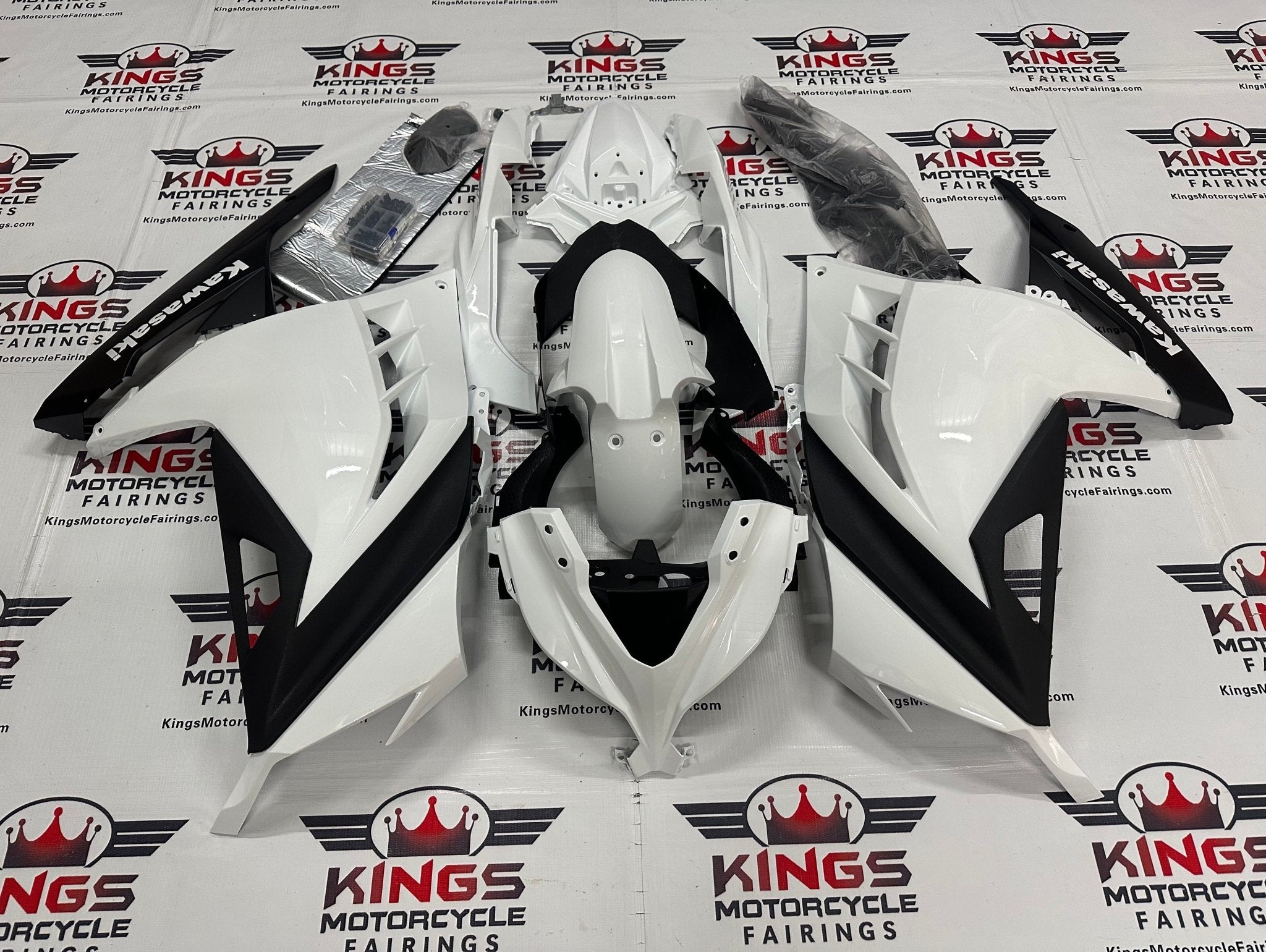 Kawasaki Ninja 300 Fairings (2013-2024) Pearl White, Black at KingsMotorcycleFairings.com