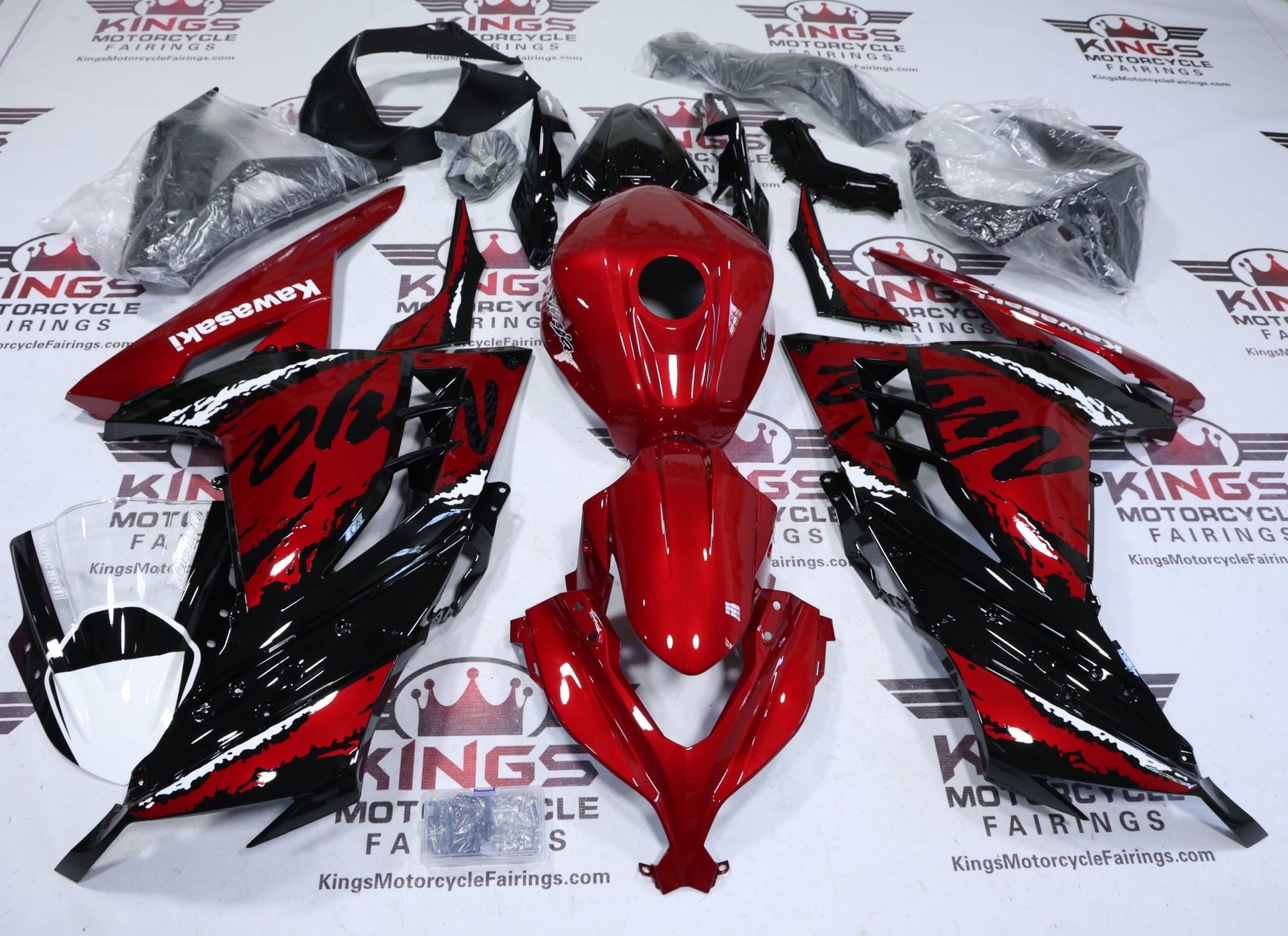 Kawasaki Ninja 300 Fairings (2013-2024) Candy Red, Black, White from KingsMotorcycleFairings.com