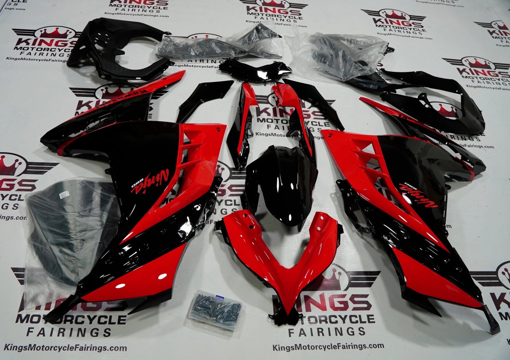 Kawasaki Ninja 300 Fairings (2013-2024) Red, Gloss Black at KingsMotorcycleFairings.com
