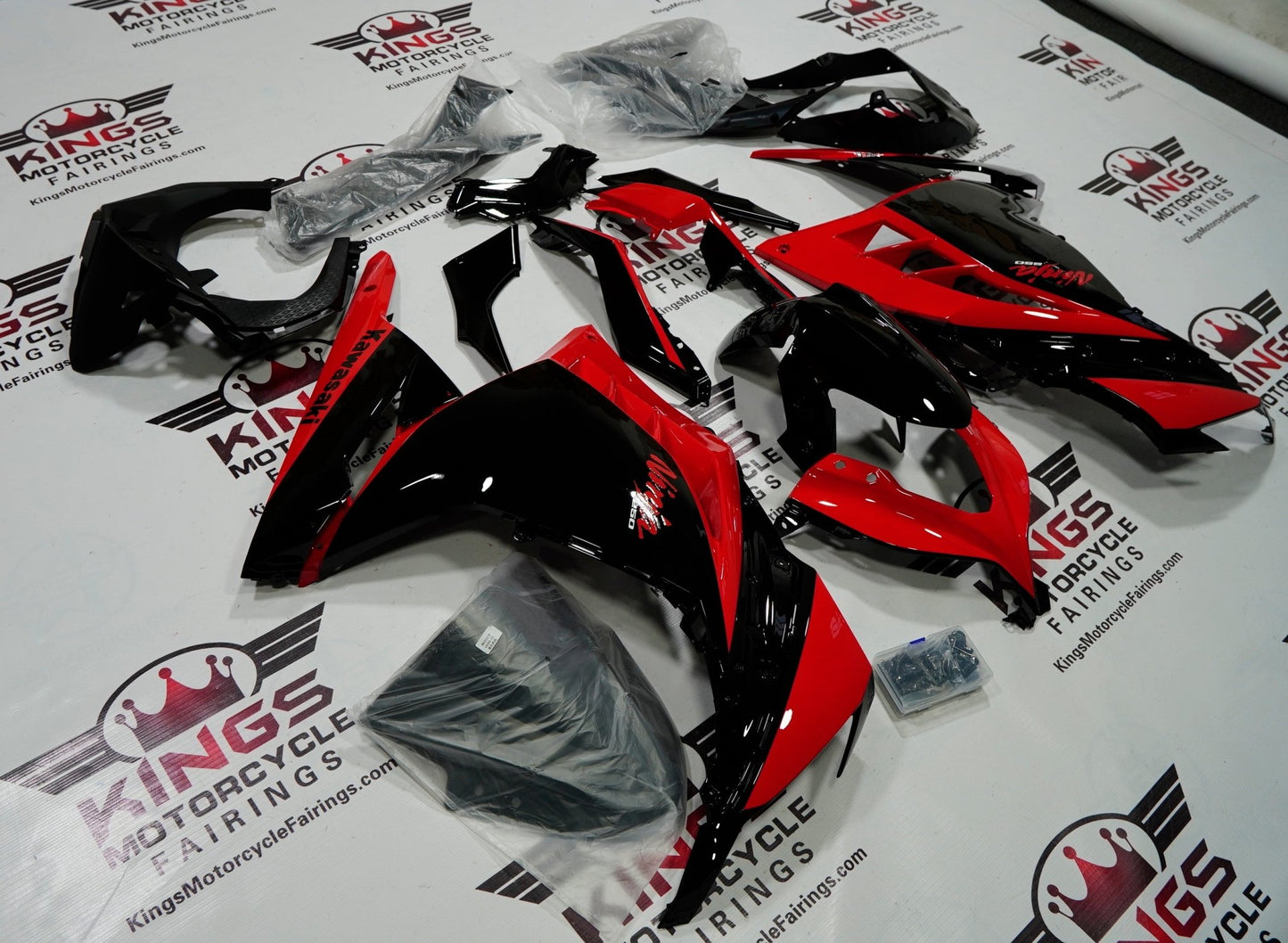 Kawasaki Ninja 300 Fairings (2013-2024) Red, Gloss Black from KingsMotorcycleFairings.com