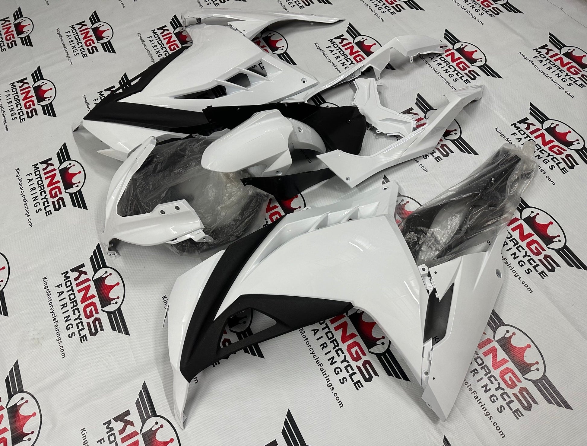 Kawasaki Ninja 300 Fairings (2013-2024) White, Matte Black at KingsMotorcycleFairings.com