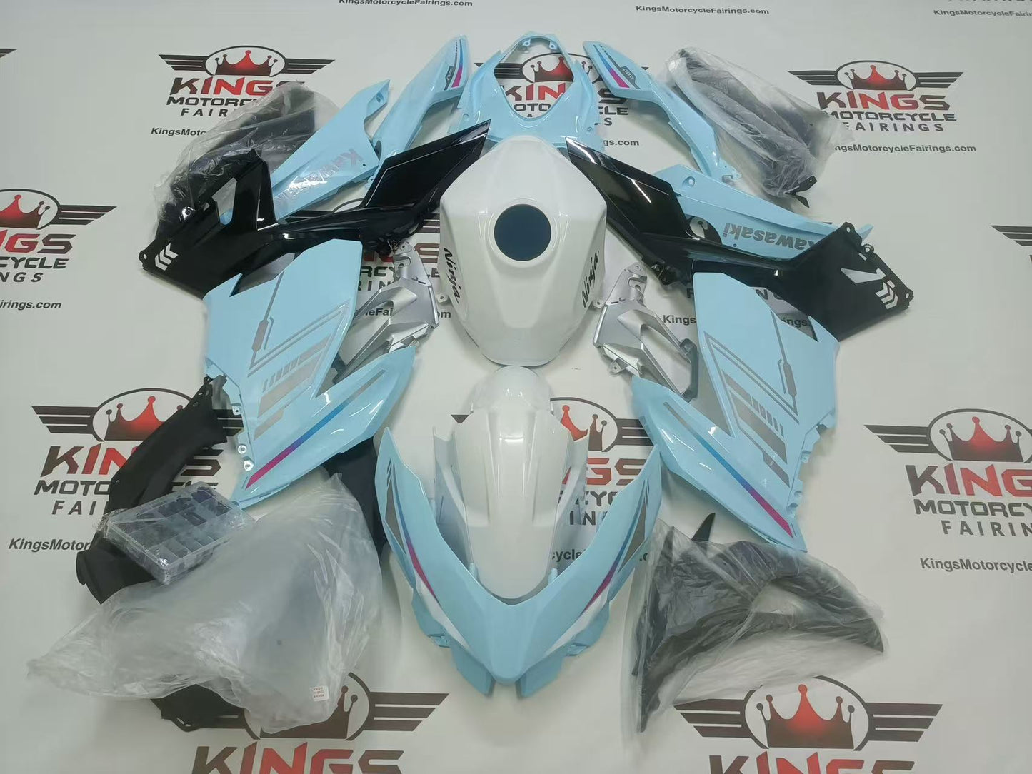Kawasaki Ninja 400 Fairings (2018-2023) Baby Blue, White from KingsMotorcycleFairings.com