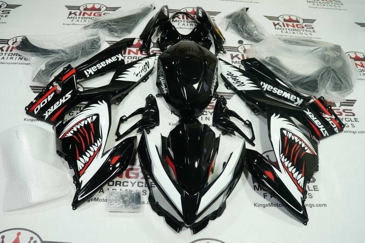Kawasaki Ninja 400 Fairings (2018-2023) Black, White, Red Shark from KingsMotorcycleFairings.com