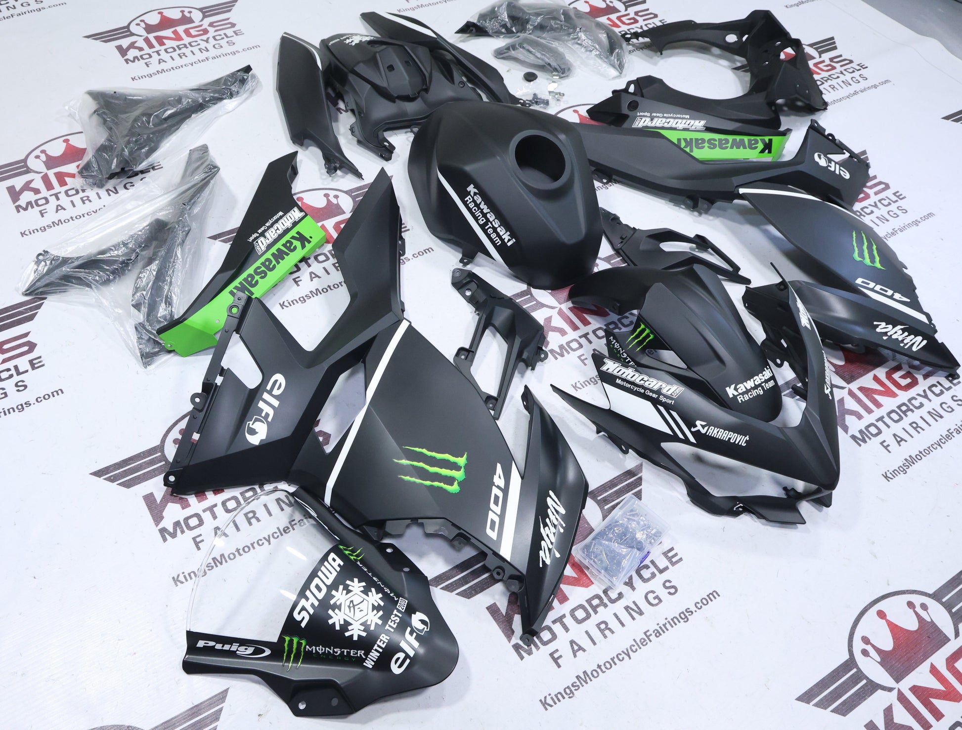 Kawasaki Ninja 400 Fairings (2018-2023) Matte Black, White, Green, Elf from KingsMotorcycleFairings.com