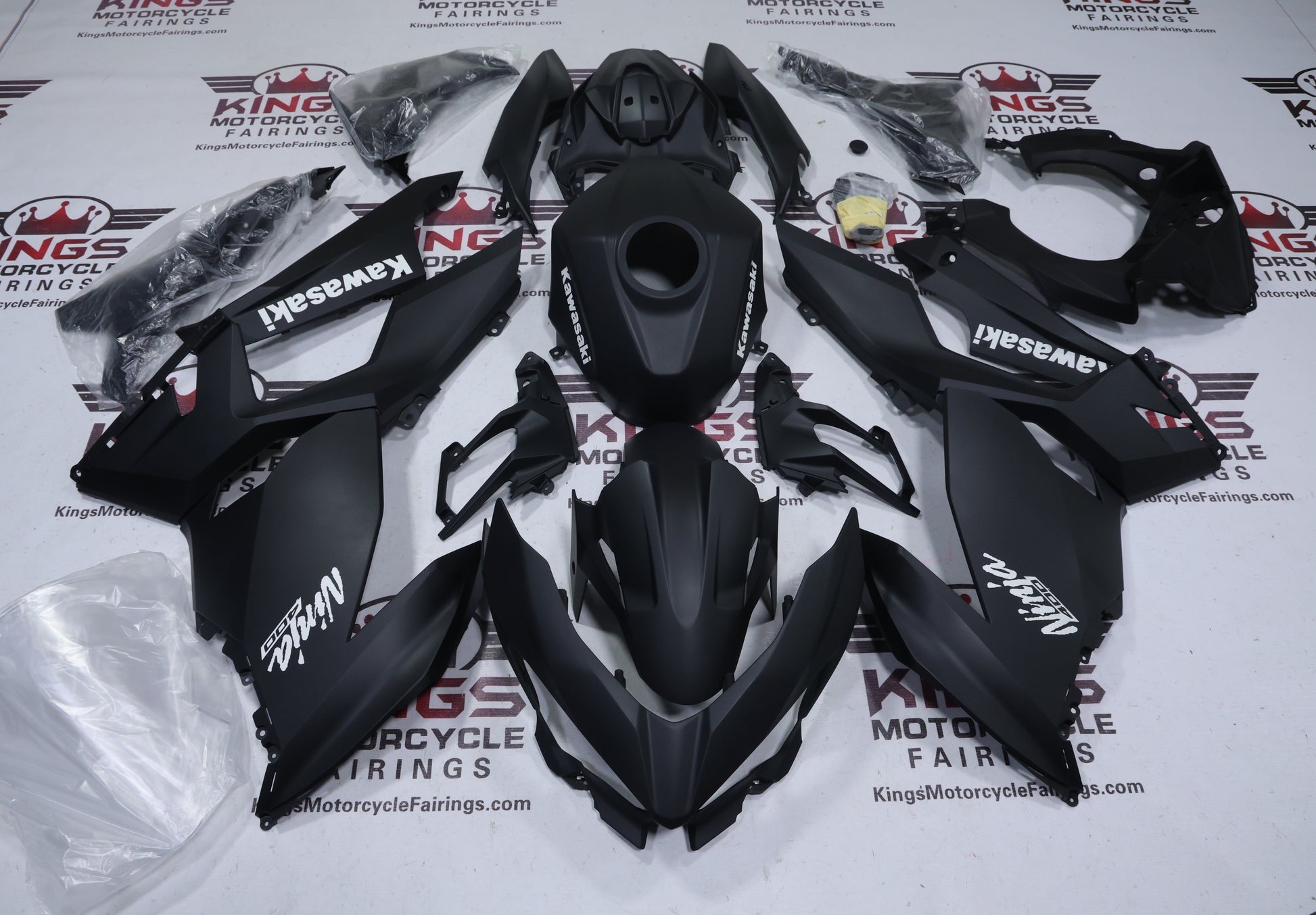 Kawasaki Ninja 400 Fairings (2018-2023) Matte Black, White at KingsMotorcyceFairings.com