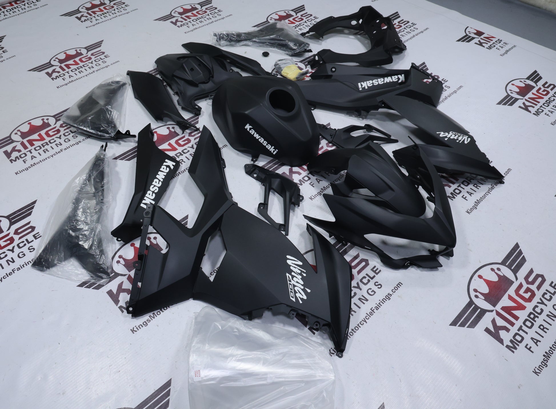 Kawasaki Ninja 400 Fairings (2018-2023) Matte Black, White from KingsMotorcyceFairings.com