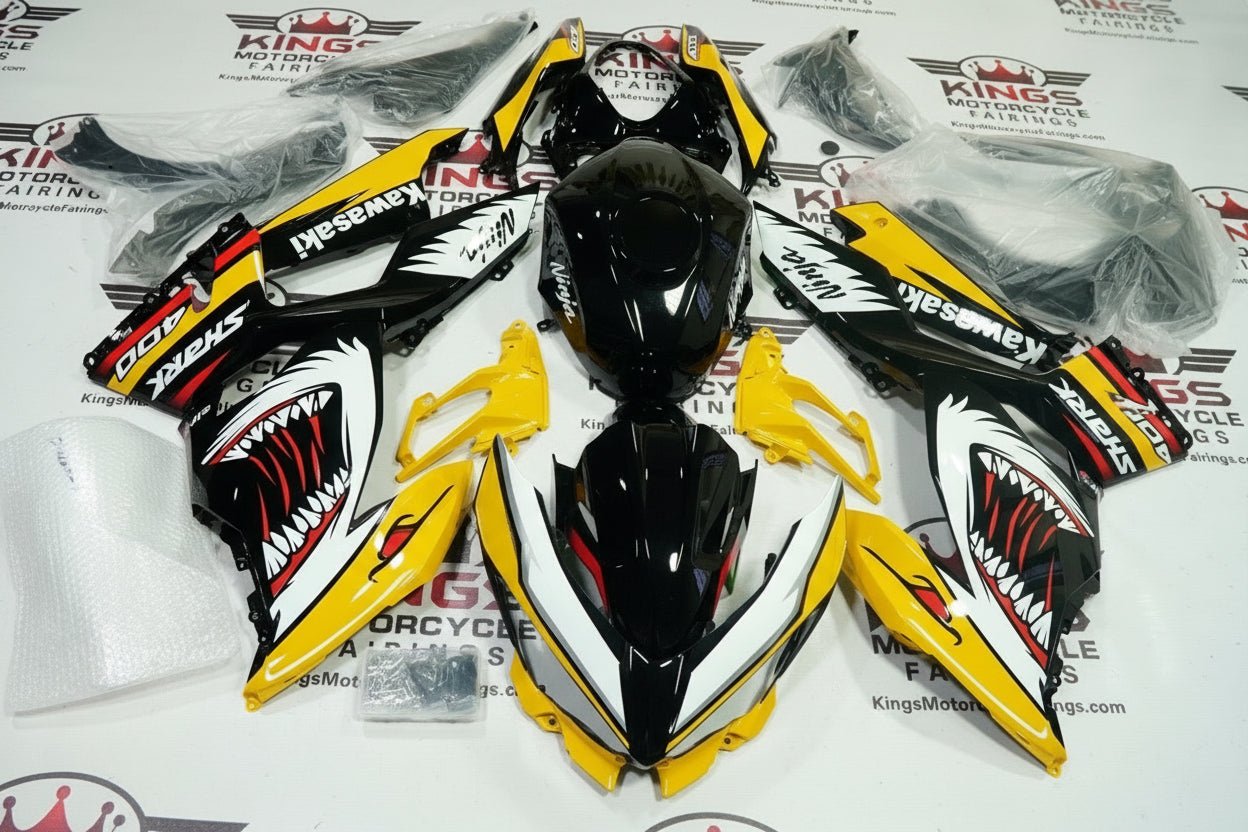 Kawasaki Ninja 400 Fairings (2018-2023) Yellow, Black, White, Red Shark from KingsMotorcycleFairings.com