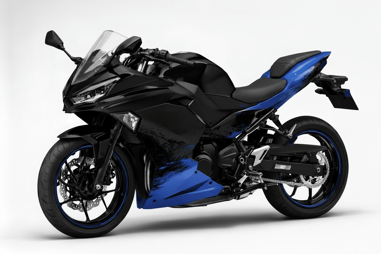 Kawasaki Ninja 500 Fairing Kit (2024-2025) Matte Black, Blue Splash at KingsMotorcycleFairings.com