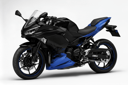 Kawasaki Ninja 500 Fairing Kit (2024-2025) Matte Black, Blue Splash at KingsMotorcycleFairings.com