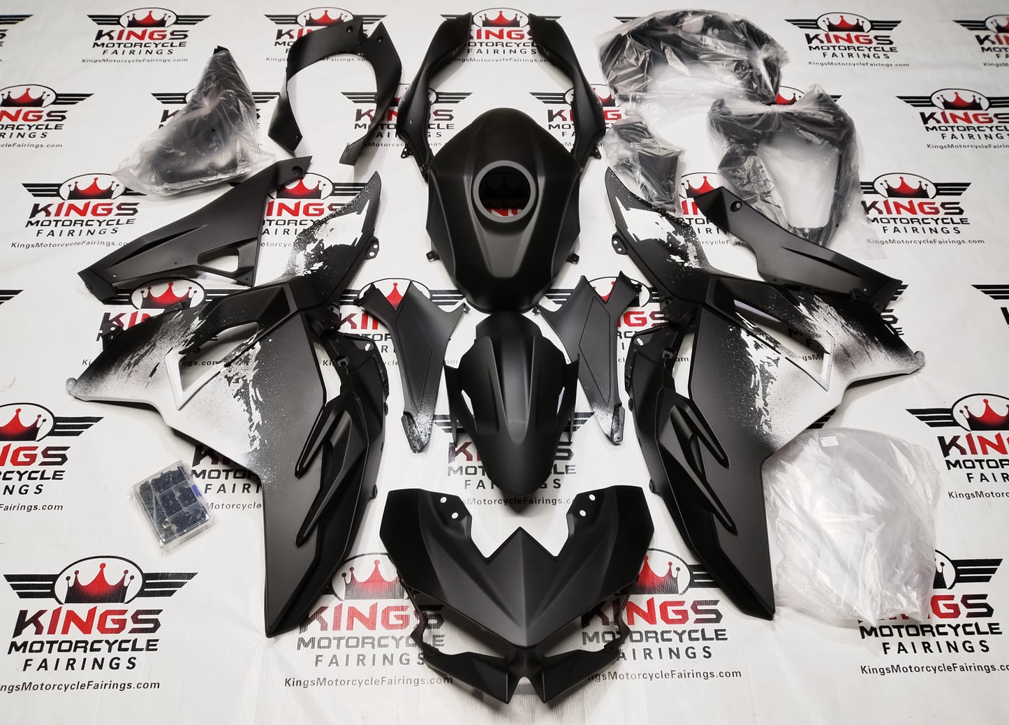 Kawasaki Ninja 500 Fairing Set (2024-2025) Matte Black, White Splash from KingsMotorcycleFairings.com