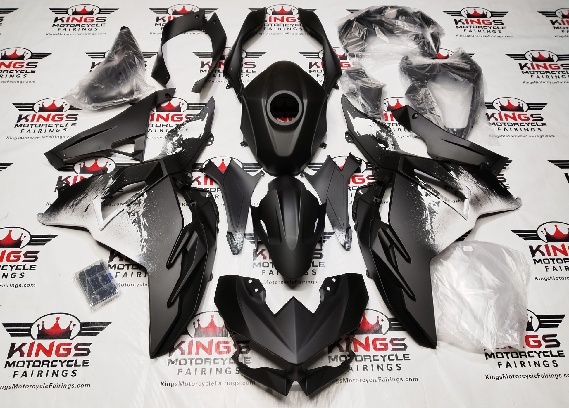 Kawasaki Ninja 500 Fairing Set (2024-2025) Matte Black, White Splash from KingsMotorcycleFairings.com