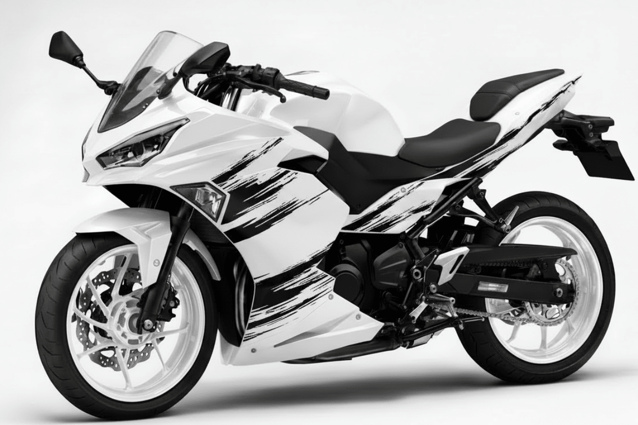 Kawasaki Ninja 500 Fairing Set (2024-2025) White, Black Brush Strokes at KingsMotorcycleFairings.com