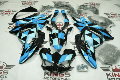 Kawasaki Ninja 500 Fairings (2024-2025) Matte Black, Blue Geometric from KingsMotorcycleFairings.com