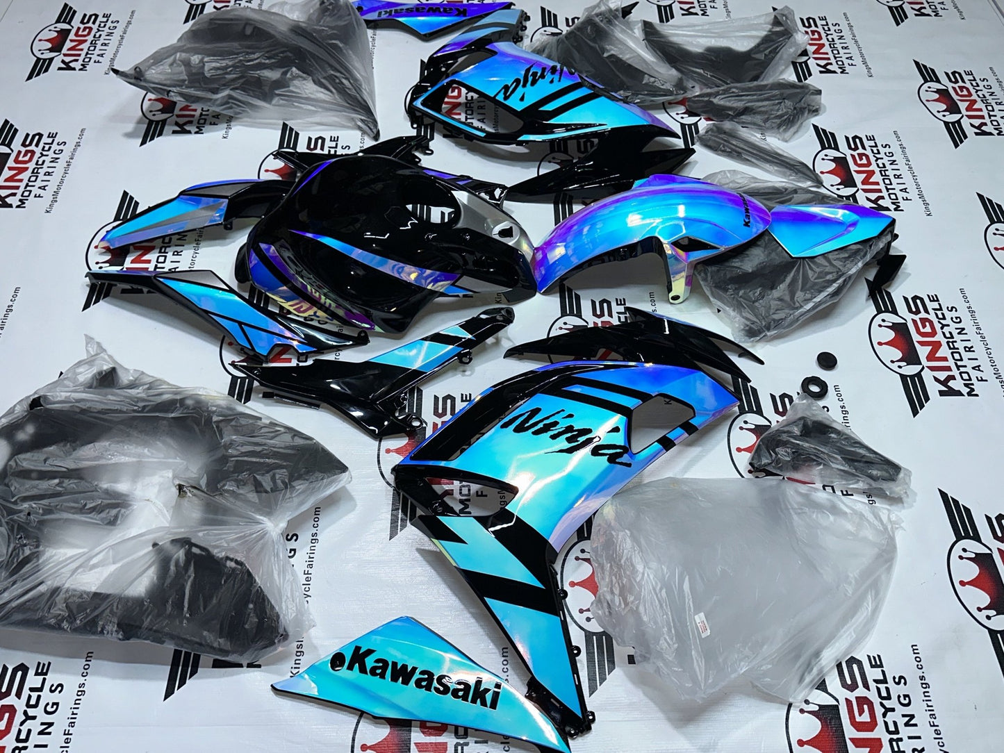 Kawasaki Ninja 650 Fairing Kit (2020-2025) Blue, Pink Chrome Chameleon, Black at KingsMotorcycleFairings.com