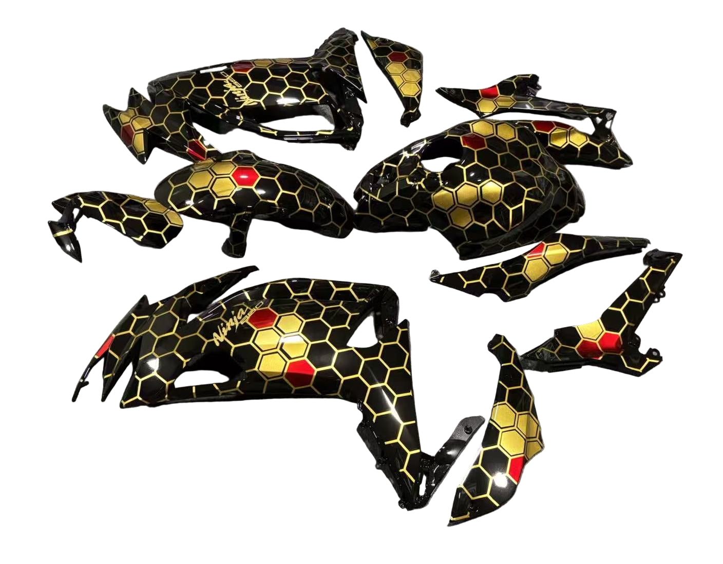 Kawasaki Ninja 650 Fairing Set (2020-2025) Black, Gold, Dark Red Honeycomb at KingsMotorcycleFairings.com