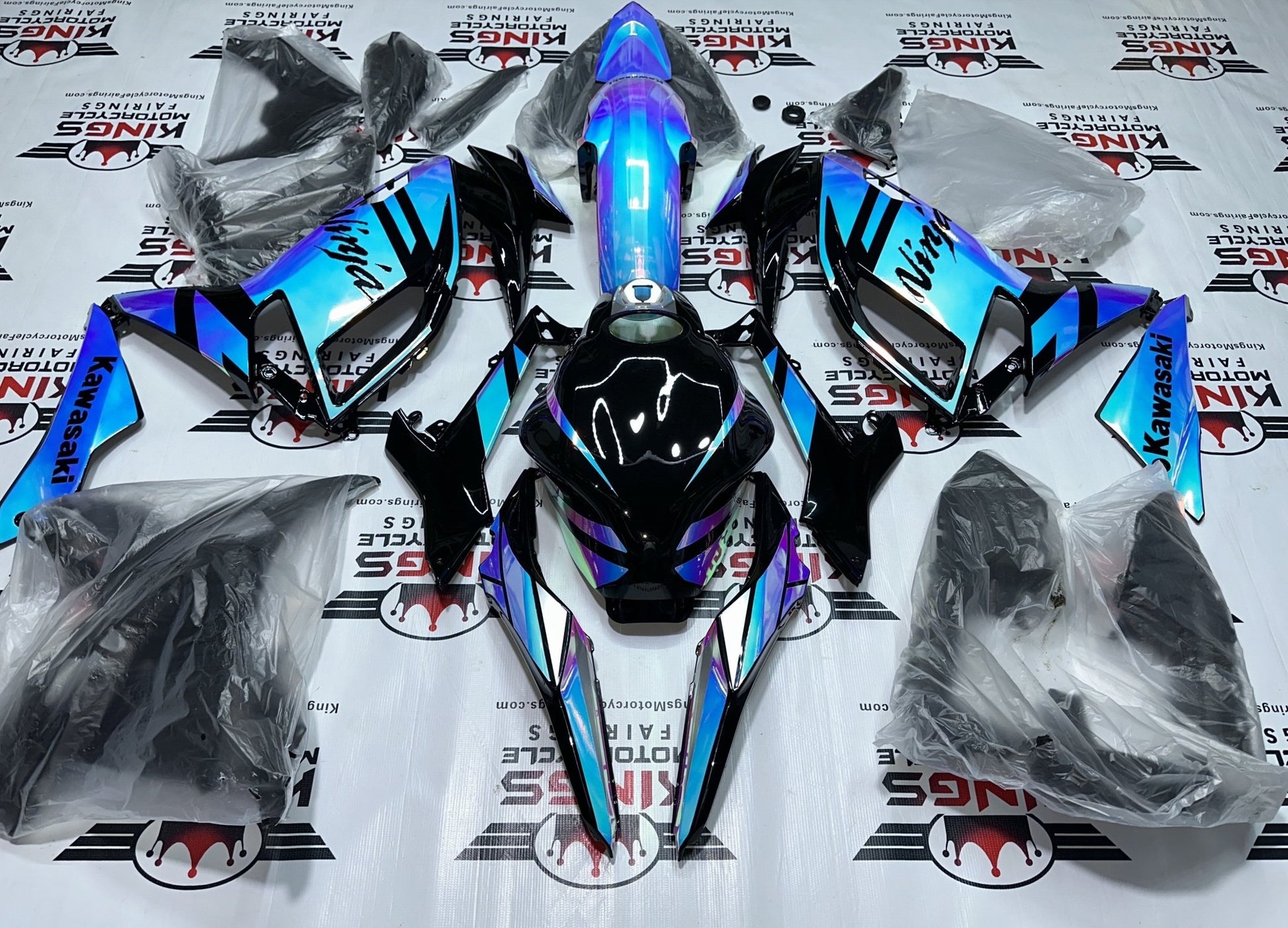 Kawasaki Ninja 650 Fairing Set (2020-2025) Blue, Pink, Chrome Chameleon at KingsMotorcycleFairings.com