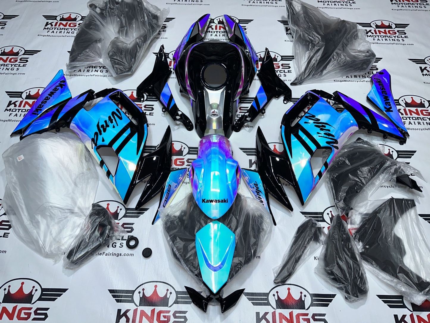 Kawasaki Ninja 650 Fairings (2020-2025) Blue, Pink Chrome Chameleon, Black at KingsMotorcycleFairings.com