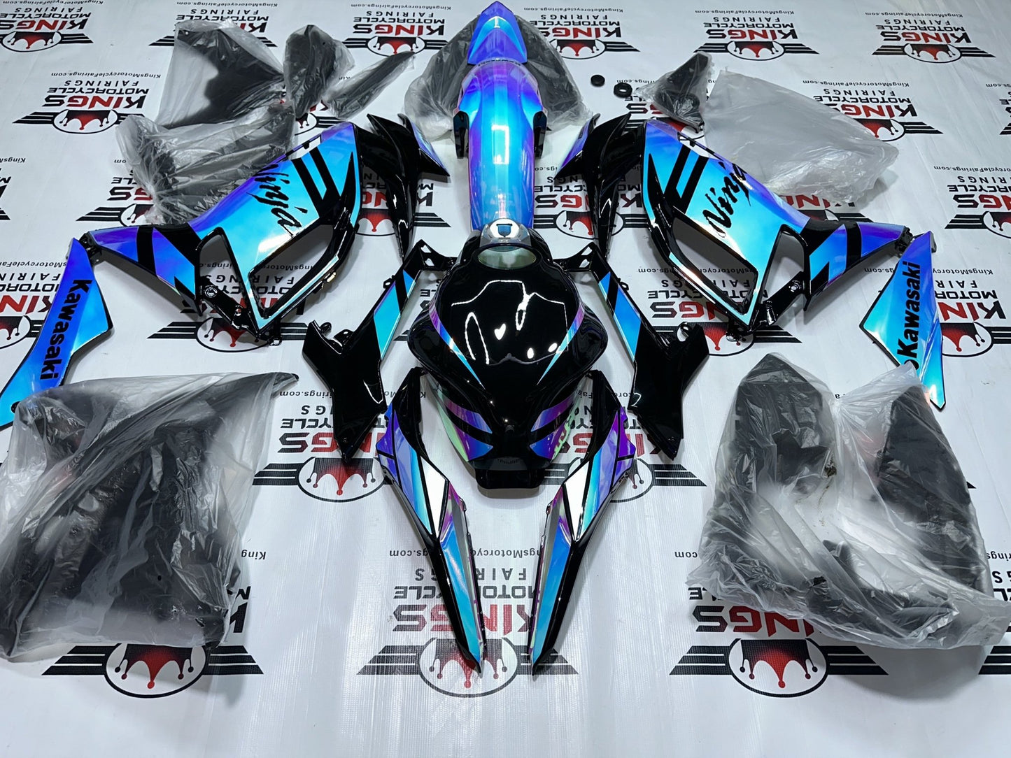 Kawasaki Ninja 650 Fairings (2020-2025) Blue, Pink Chrome Chameleon, Black from KingsMotorcycleFairings.com