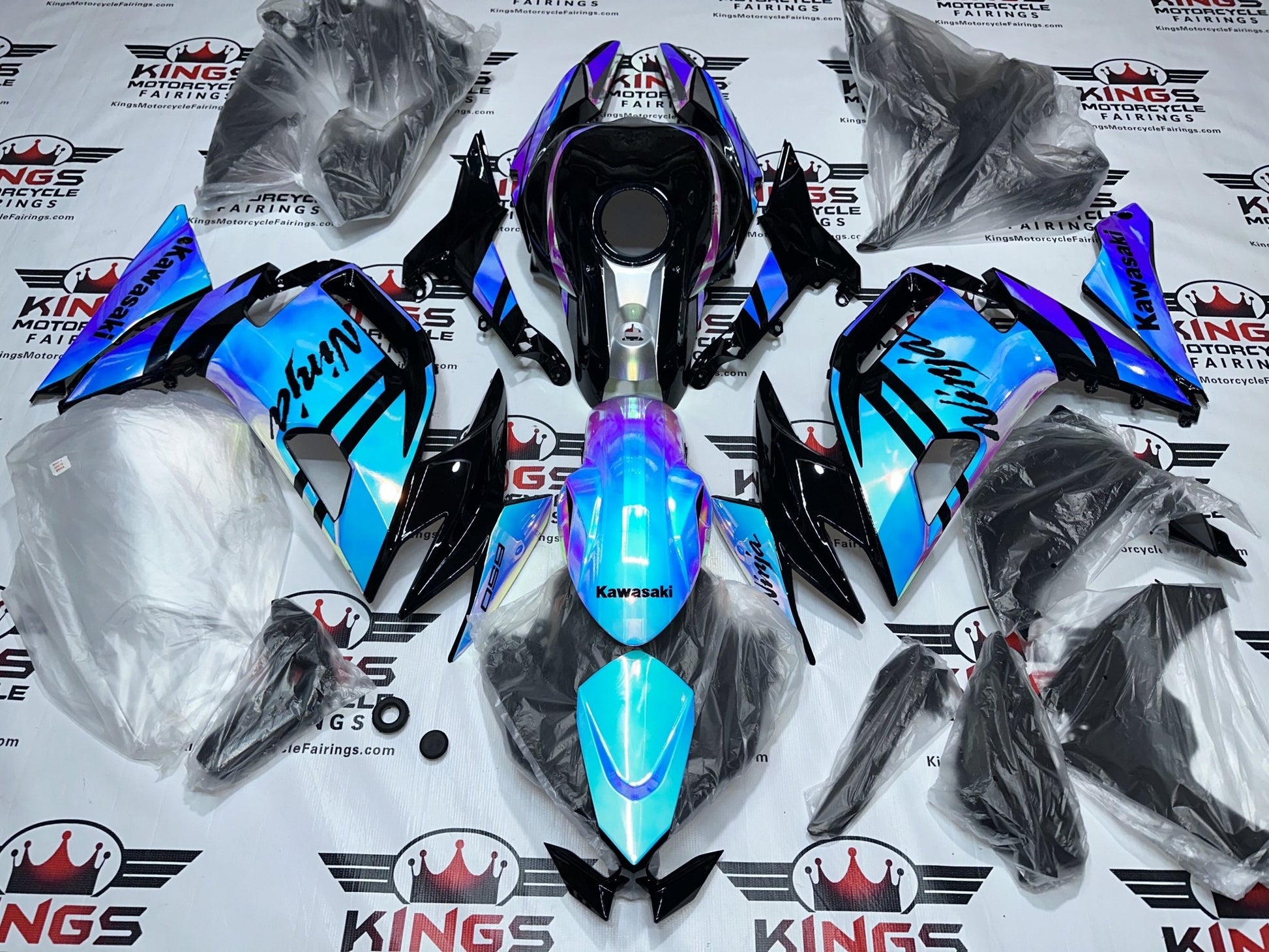 Kawasaki Ninja 650 Fairings (2020-2025) Blue, Pink, Chrome Chameleon at KingsMotorcycleFairings.com