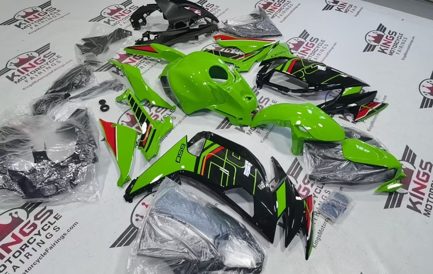 Kawasaki Ninja 650 Fairings (2020-2025) Striped Green, Black, Red from KingsMotorcycleFairings.com