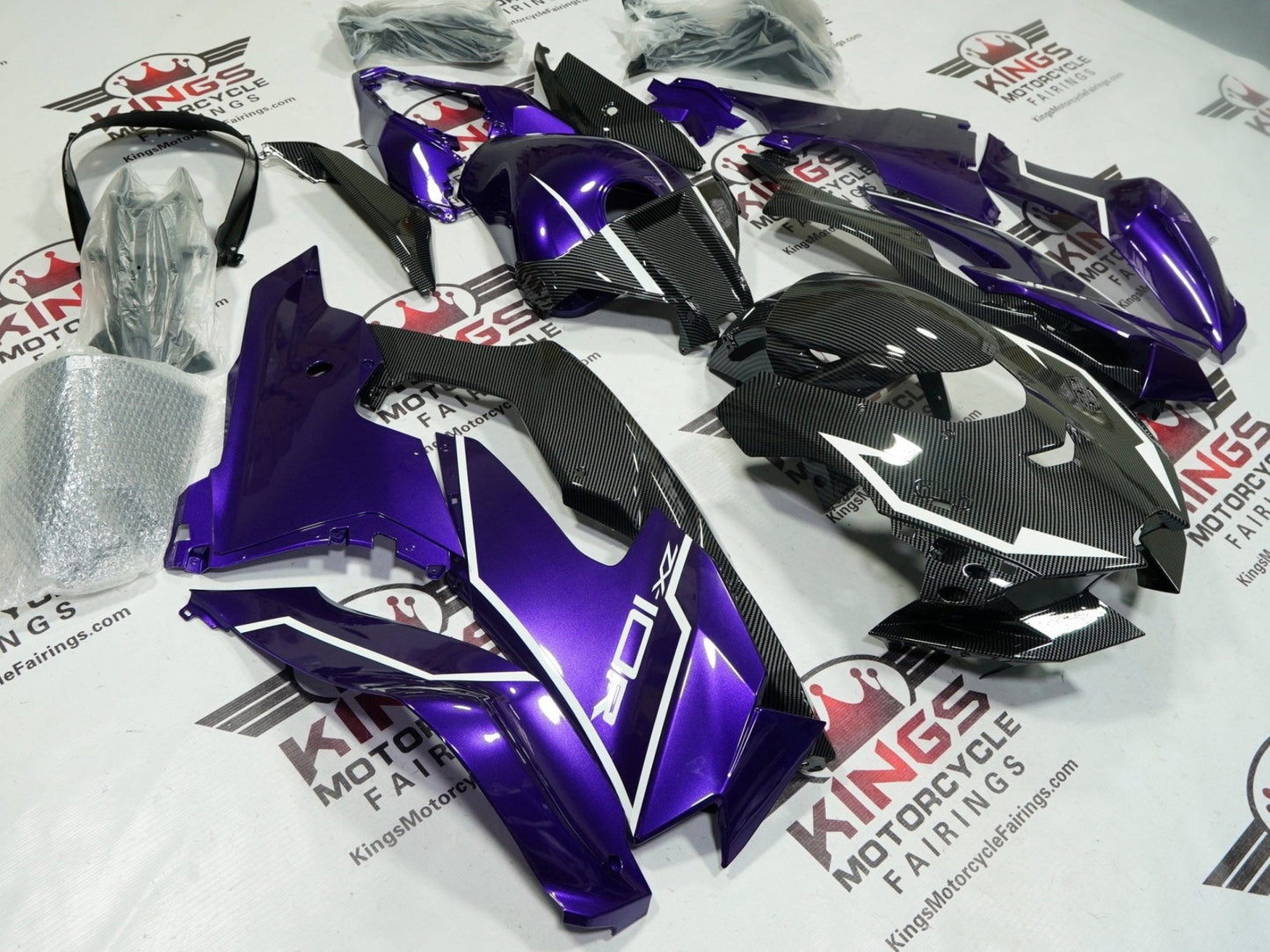 Kawasaki Ninja ZX-10R Fairings (2021-2025) Purple, Faux Carbon Fiber, White at KingsMotorcycleFairings.com