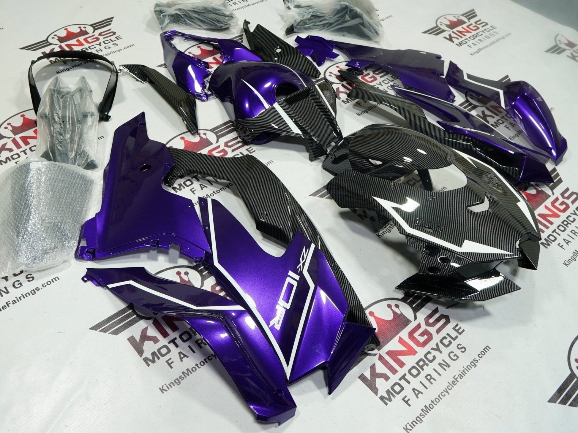 Kawasaki Ninja ZX-10R Fairings (2021-2025) Purple, Faux Carbon Fiber, White at KingsMotorcycleFairings.com