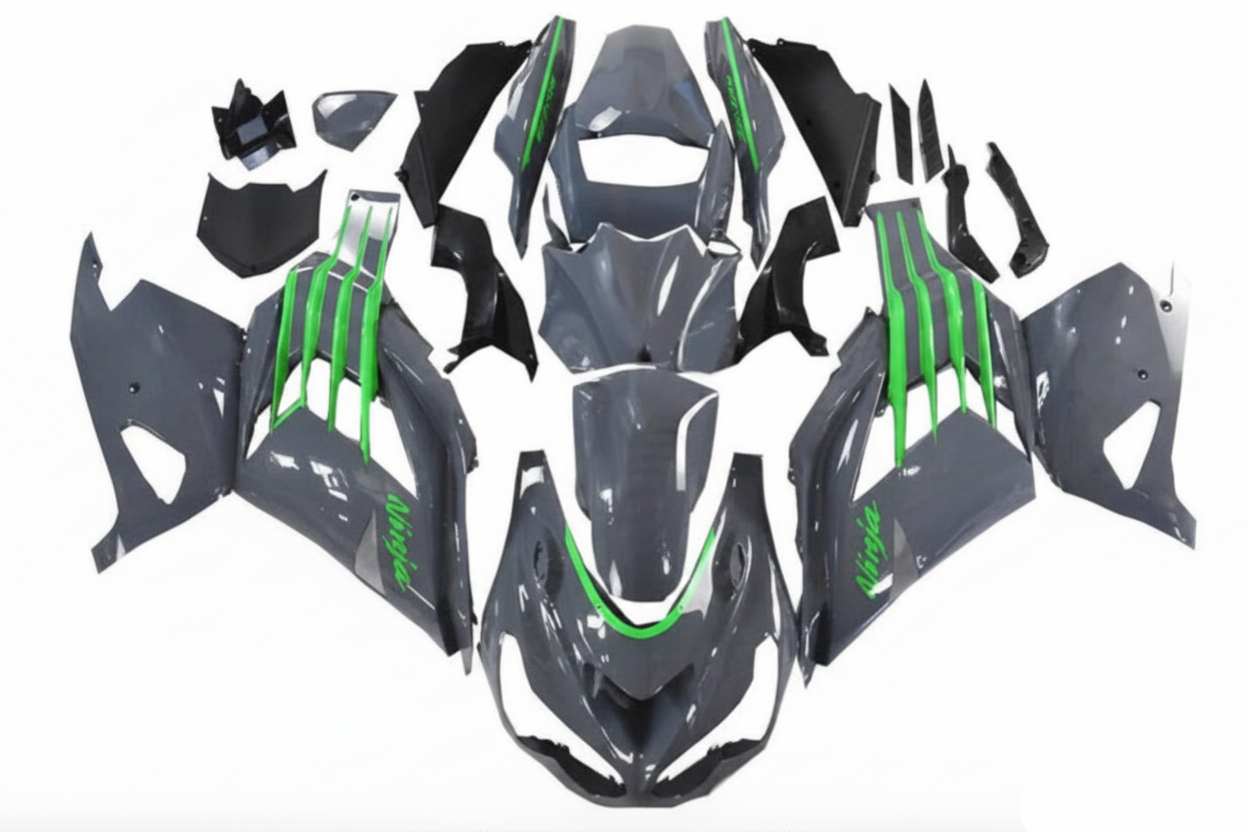 Kawasaki Ninja ZX-14R Fairings (2012-2024) Nardo Gray, Green at KingsMotorcycleFairings.com