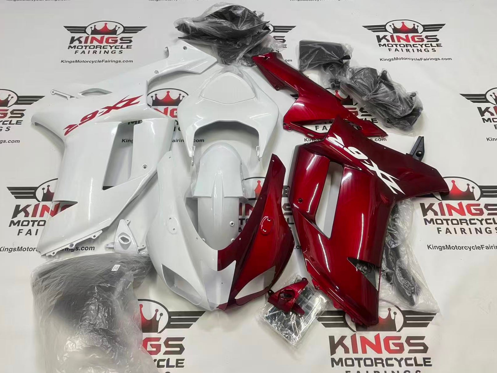 Kawasaki Ninja ZX-6R Fairings (2007-2008) Split White, Red at kingsMotorcycleFairings.com