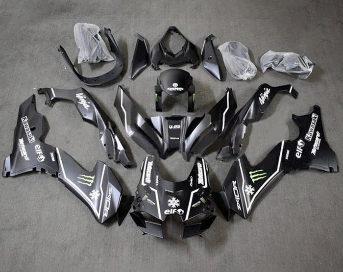 Kawasaki Ninja ZX10RR Fairings (2021-2025) Matte Black, White Stripe, Monster at KingsMotorcycleFairings.com