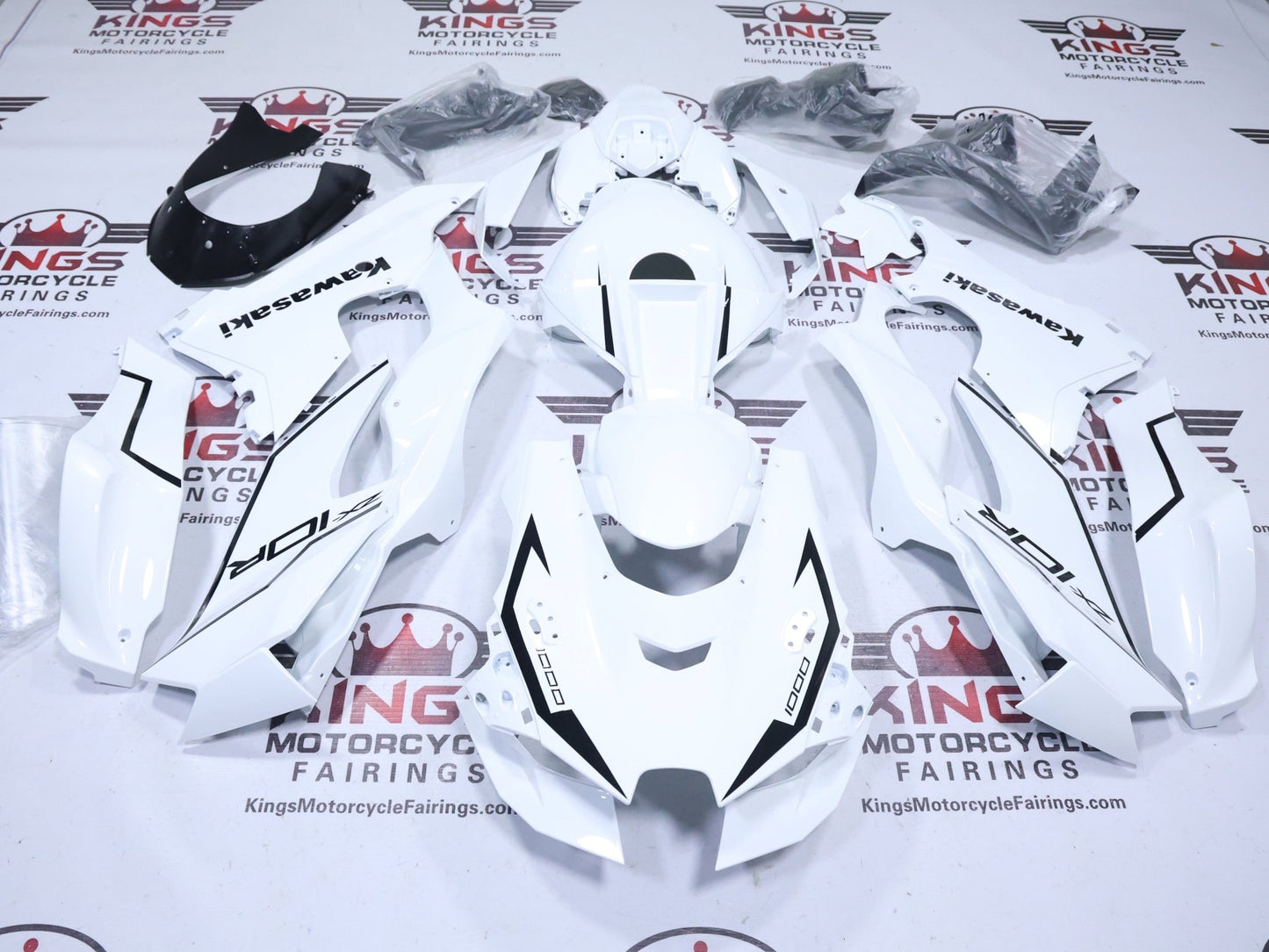 Kawasaki Ninja ZX10R Fairing Kit (2021-2025) White, Black Stripe at KingsMotorcycleFairings.com