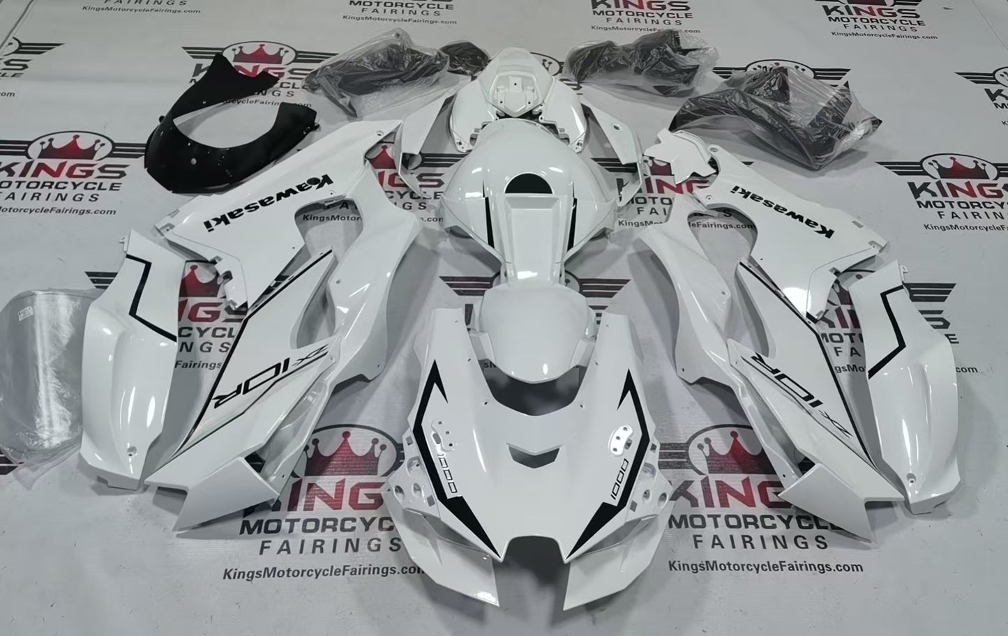Kawasaki Ninja ZX10R Fairings (2021-2025) White, Black Stripe from KingsMotorcycleFairings.com