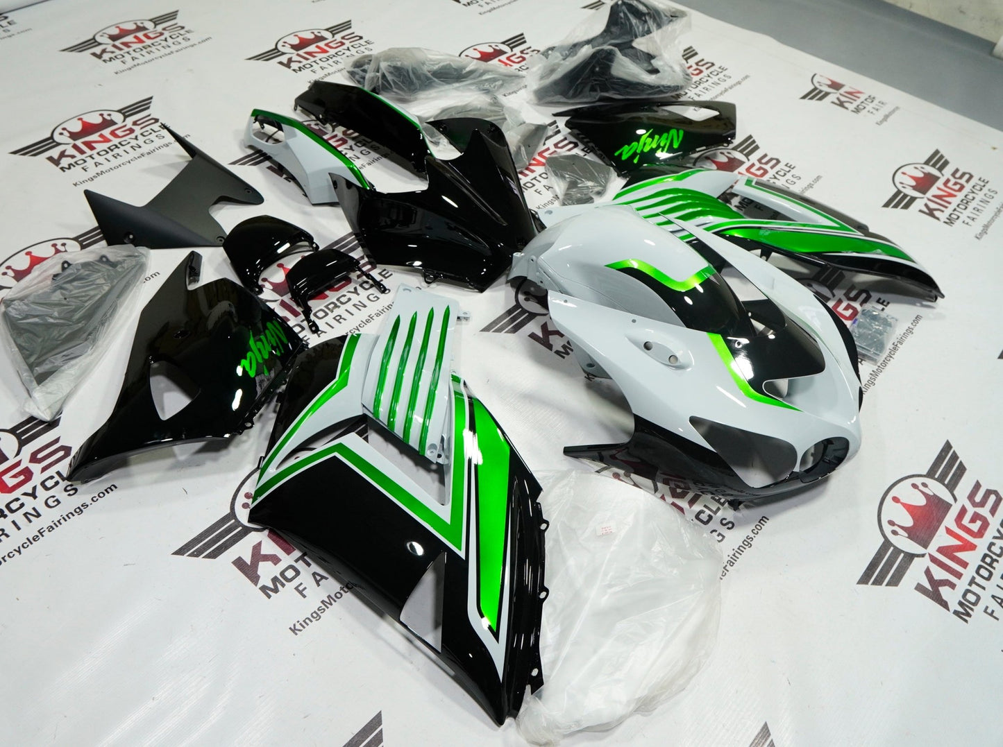 Kawasaki Ninja ZX14R Fairing Kit (2006-2011) Light Gray, Green, Black at KingsMotorcycleFairings.com