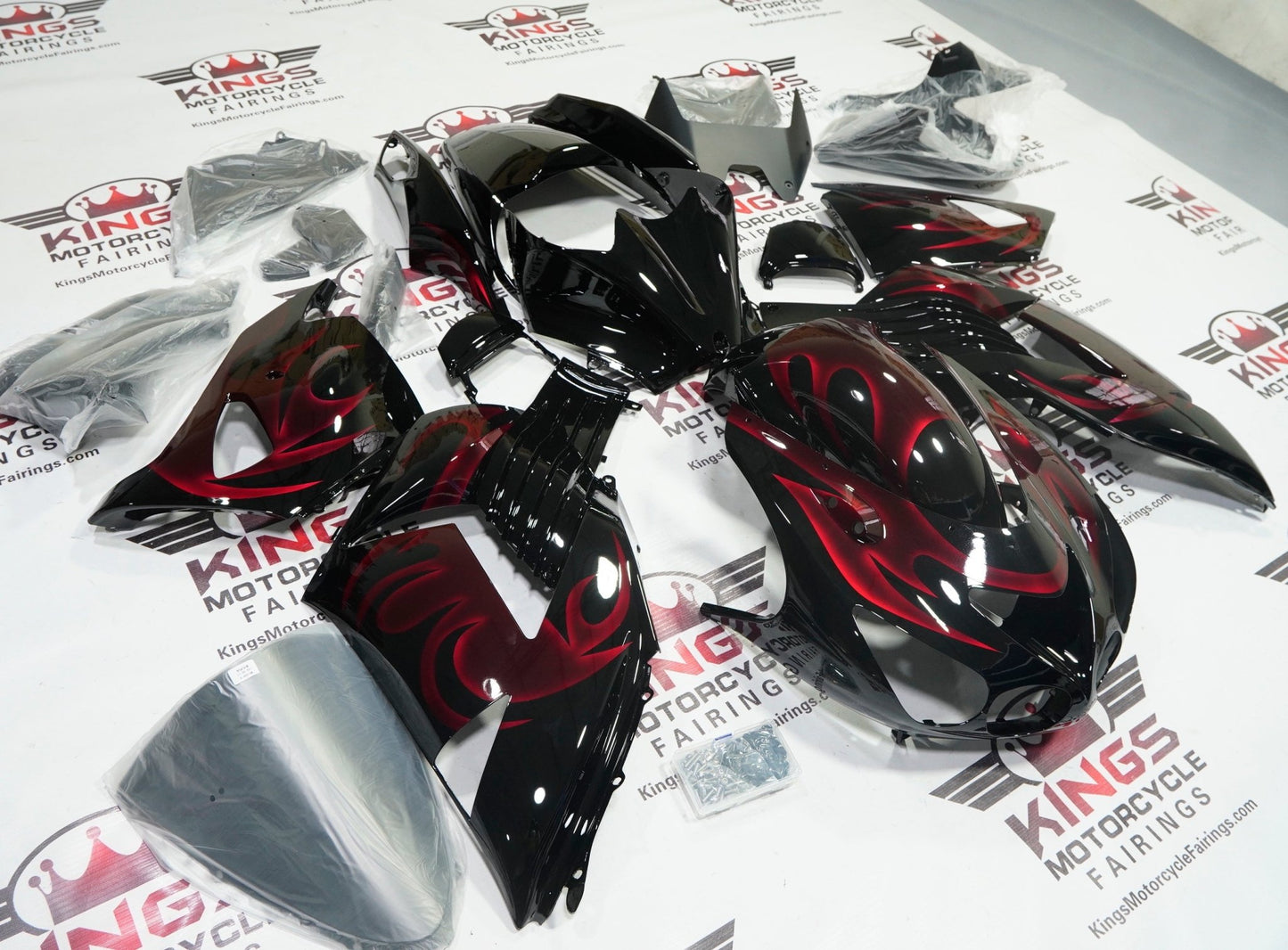 Kawasaki Ninja ZX14R Fairing Set (2006-2011) Black, Candy Red Flames at KingsMotorcycleFairings.com