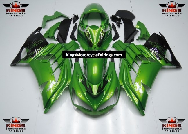 Fairings for Kawasaki Ninja ZX14R (2012-2024) Green, Black Flames at KingsMotorcycleFairings.com