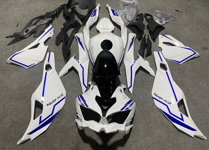 Kawasaki Ninja ZX4R Fairing set (2019-2025) White, Blue Stripes at KingsMotorcycleFairings.com