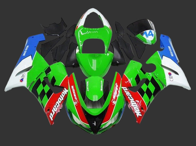 Kawasaki Ninja ZX6R 636 Fairings (2005-2006) Green, Red, Motocard at KingsMotorcycleFairings.com