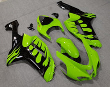 Green and Black Flame Fairing Kit for a 2007 & 2008 Kawasaki Ninja ZX-6R 636 motorcycle at KingsMotorcycleFairings.com