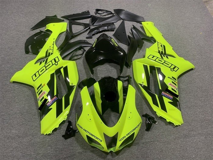Kawasaki Ninja ZX6R 636 Fairings (2007-2008) Neon Yellow, Black Icon at KingsMotorcycleFairings.com