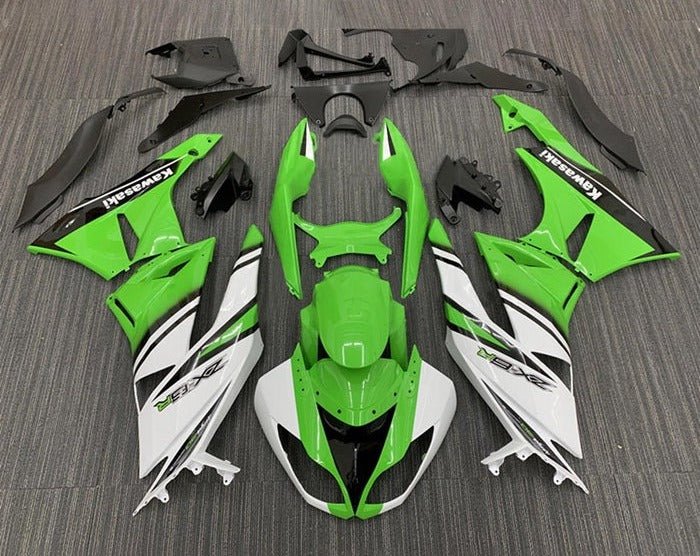 Kawasaki Ninja ZX6R 636 Fairings (2009-2012) Green, White, Black Stripe at KingsMotorcycleFairings.com