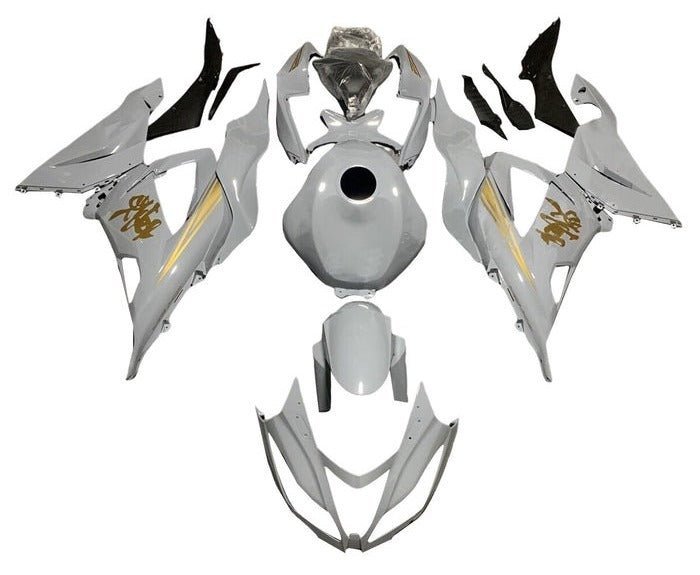 Kawasaki Ninja ZX6R Fairings (2013-2018) White, Gold Kanji from KingsMotorcycleFairings.com