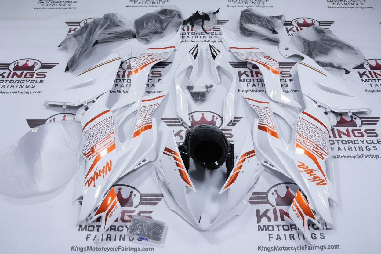 Kawasaki Ninja ZX6R Fairings (2019-2023) White, Orange, Black, Honeycomb at KingsMotorcycleFairings.com