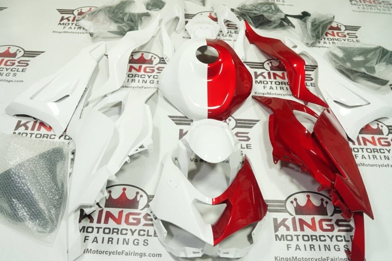 Kawasaki Ninja ZX6R Fairings (2024-2025) White, Red Half Split at KingsMotorcycleFairings.com
