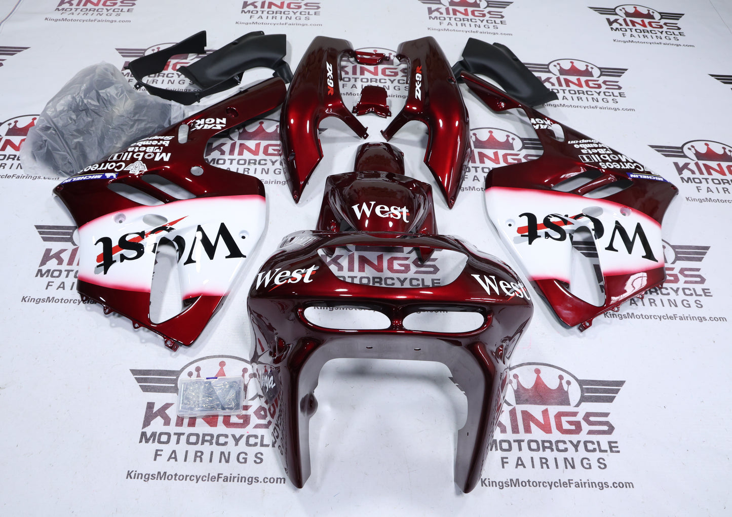 Kawasaki Ninja ZX9R Fairings (1994-1997) Maroon Red, White West from KingsMotorcycleFairings.com