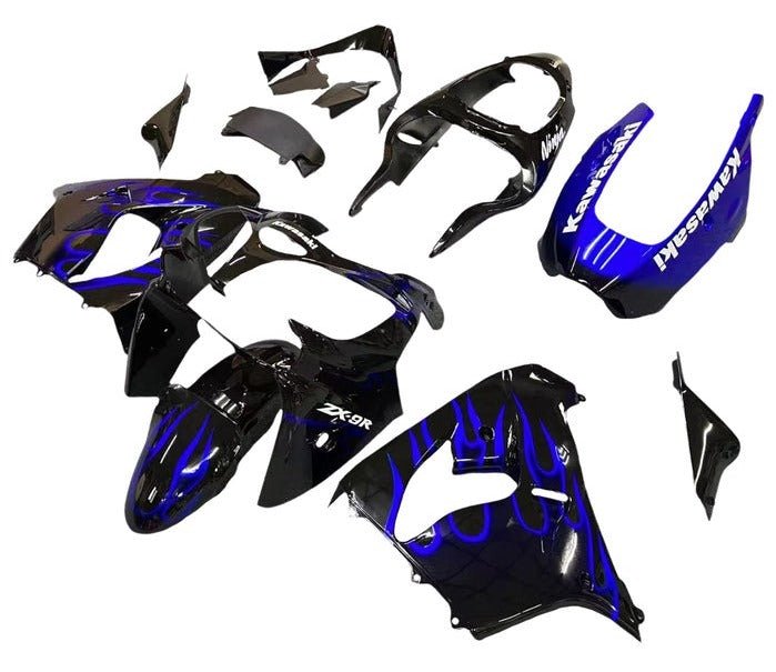 Kawasaki ZX-9R Fairings (2002-2003) Black, Blue, White, Flames at KingsMotorcycleFairings.com