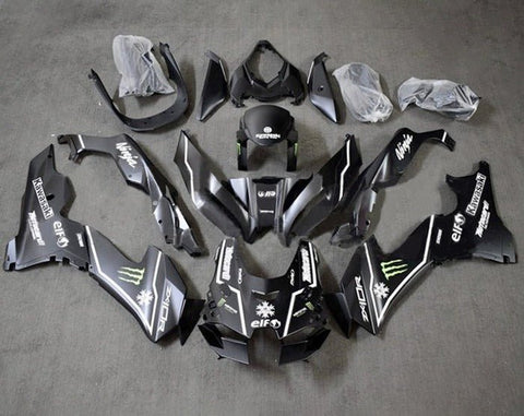 Kawasaki ZX10RR Fairings (2021-2025) Matte Black, White Stripe, Monster at KingsMotorcycleFairings.com