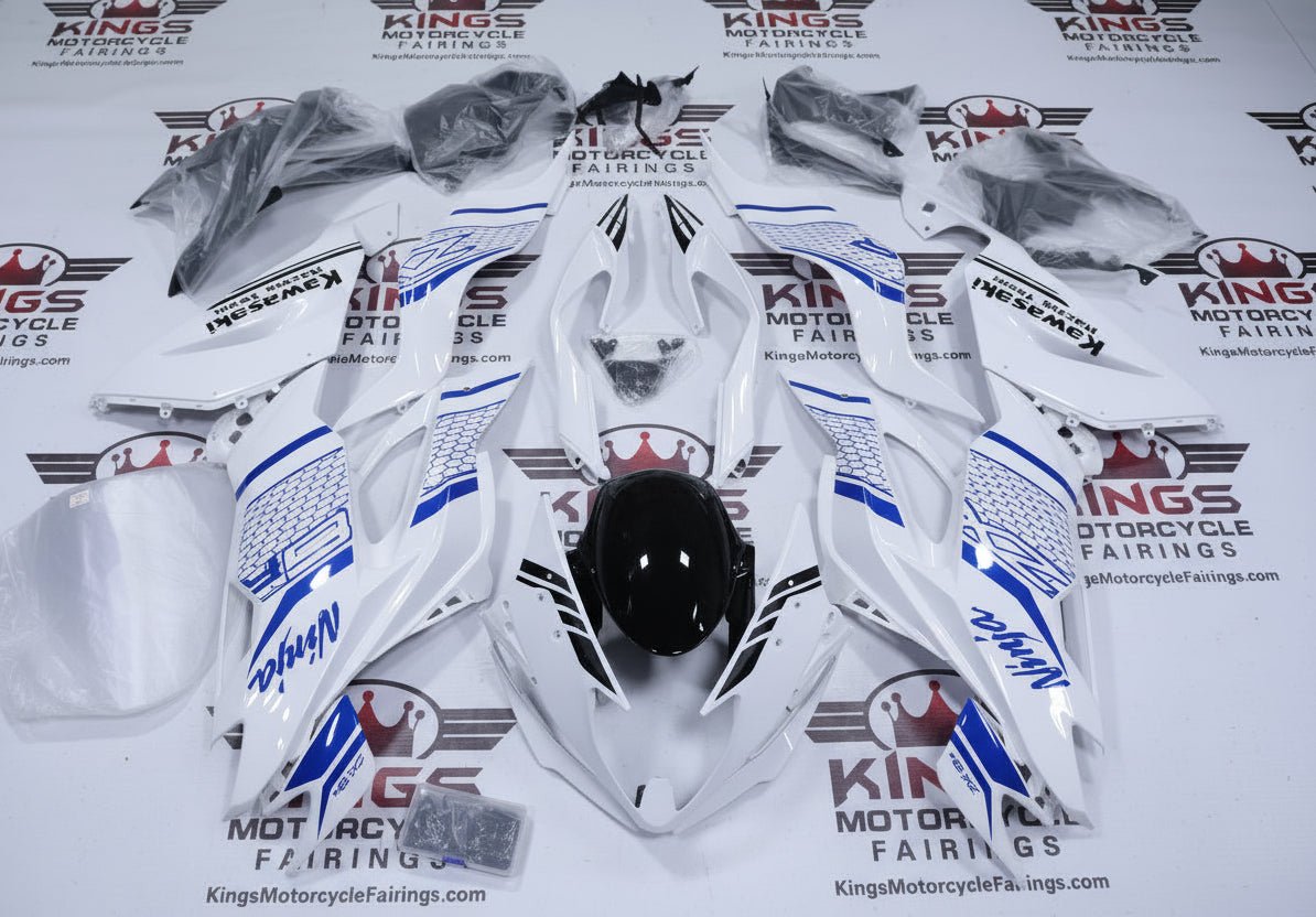 Kawasaki ZX6R 636 Fairings (2019-2023) White, Blue, Black, Honeycomb at KingsMotorcycleFairings.com