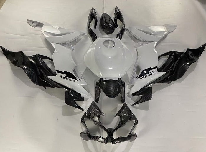 Kawasaki ZX6R 636 Fairings (2019-2023) White, Faux Carbon Fiber, Black from KingsMotorcycleFairings.com
