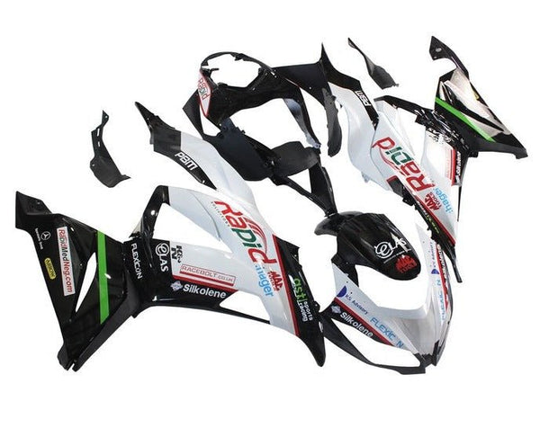 Kawasaki ZX6R Fairings (2013-2018) White, Black, Red Rapid at KingsMotorcycleFairings.com