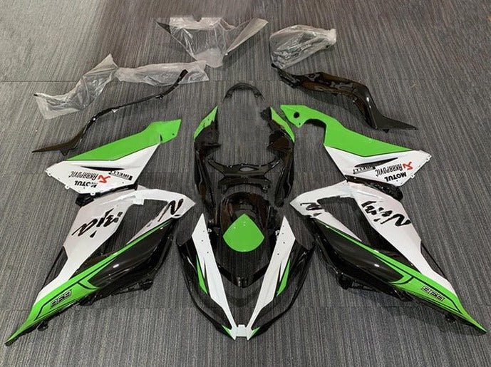 Kawasaki ZX6R Fairings (2013-2018) White, Green, Black at KingsMotorcycleFairings.com